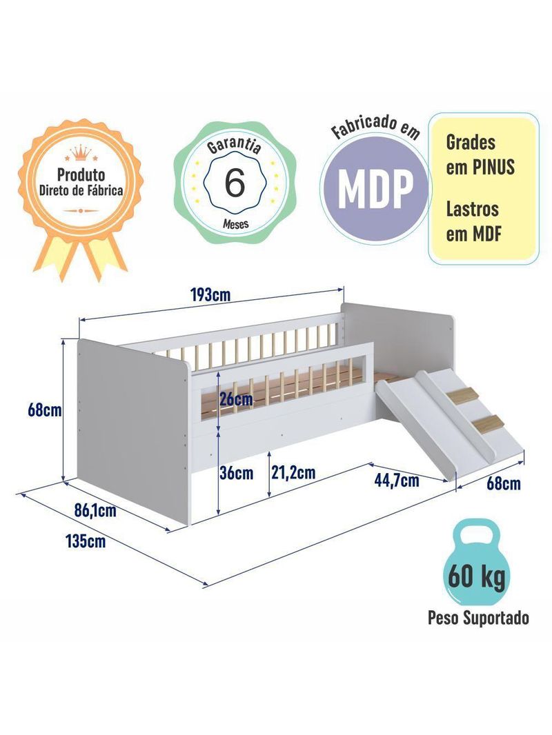 Cama Infantil Montessoriana De Solteiro Menino Menina Com Escada Escorregador E Grade De Proteção Branco