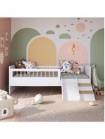 Cama Infantil Montessoriana De Solteiro Menino Menina Com Escada Escorregador E Grade De Proteção Branco