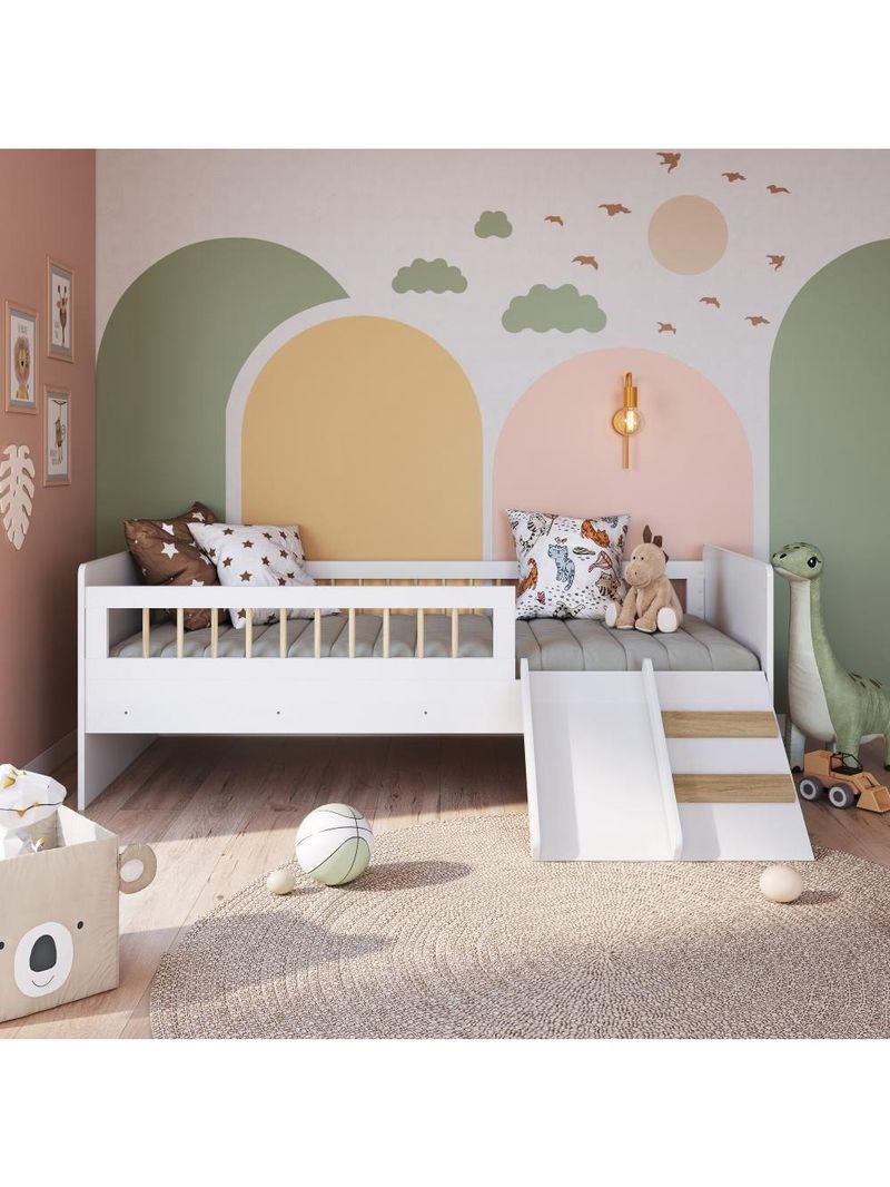 Cama Infantil Montessoriana De Solteiro Menino Menina Com Escada Escorregador E Grade De Proteção Branco