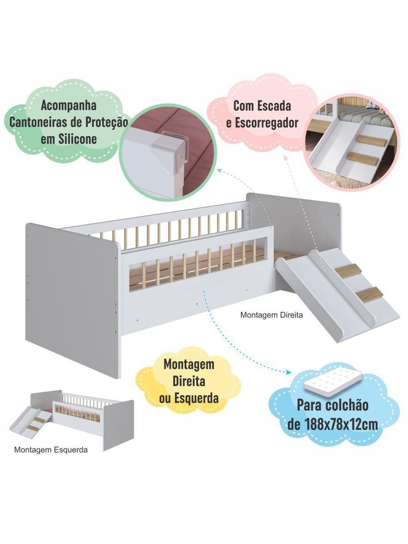 Cama Infantil Montessoriana De Solteiro Menino Menina Com Escada Escorregador E Grade De Proteção Branco