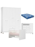 Quarto De Bebê 6 Portas Ternura Baby Com Berço Americano 100 Branco Brilho Com Colchão Ortobom
