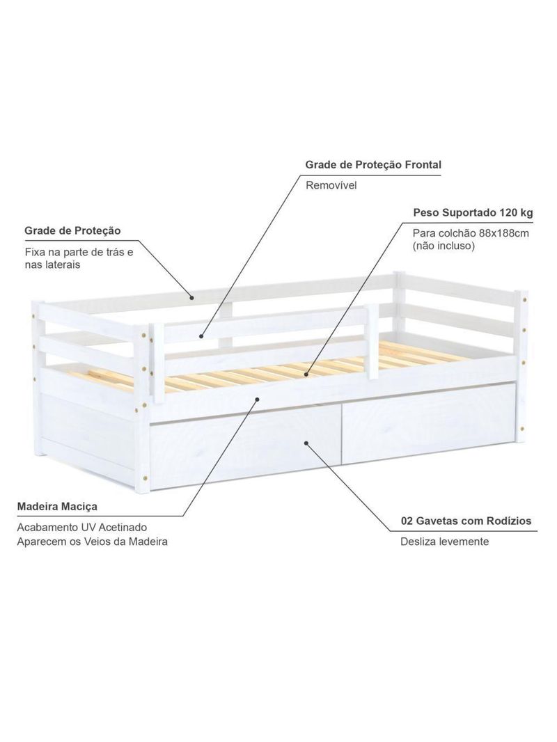 Cama Infantil Eco Com 02 Gavetas E Grade De Proteção Madeira Maciça Branco Mobilistore
