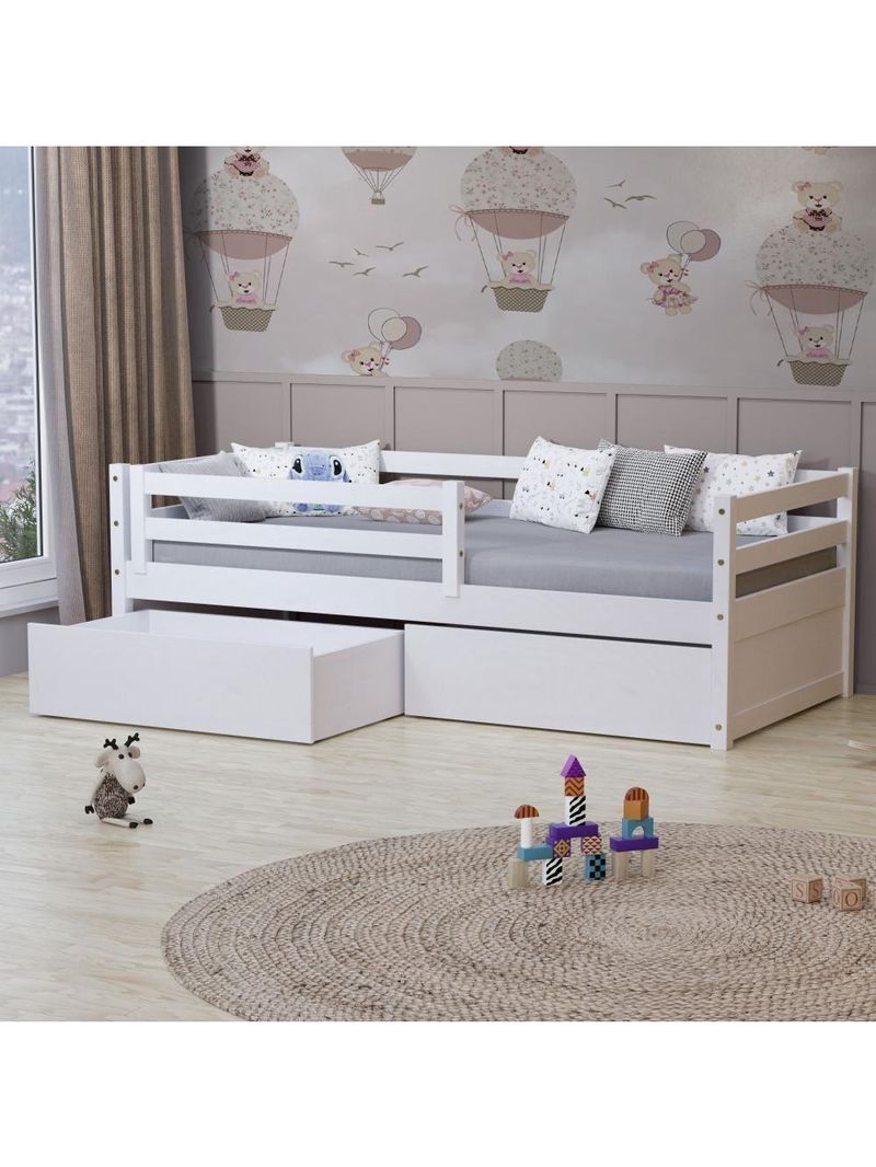 Cama Infantil Eco Com 02 Gavetas E Grade De Proteção Madeira Maciça Branco Mobilistore
