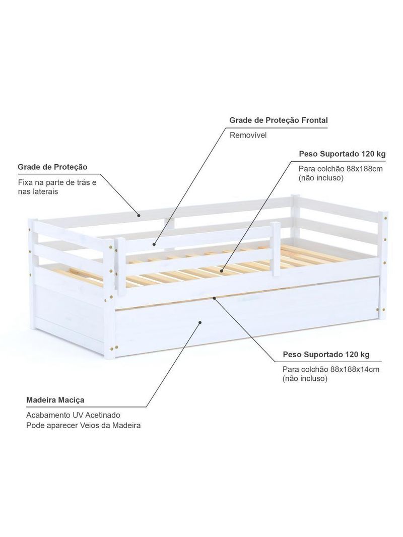 Bicama Infantil Slim Grade Proteção Madeira Branco