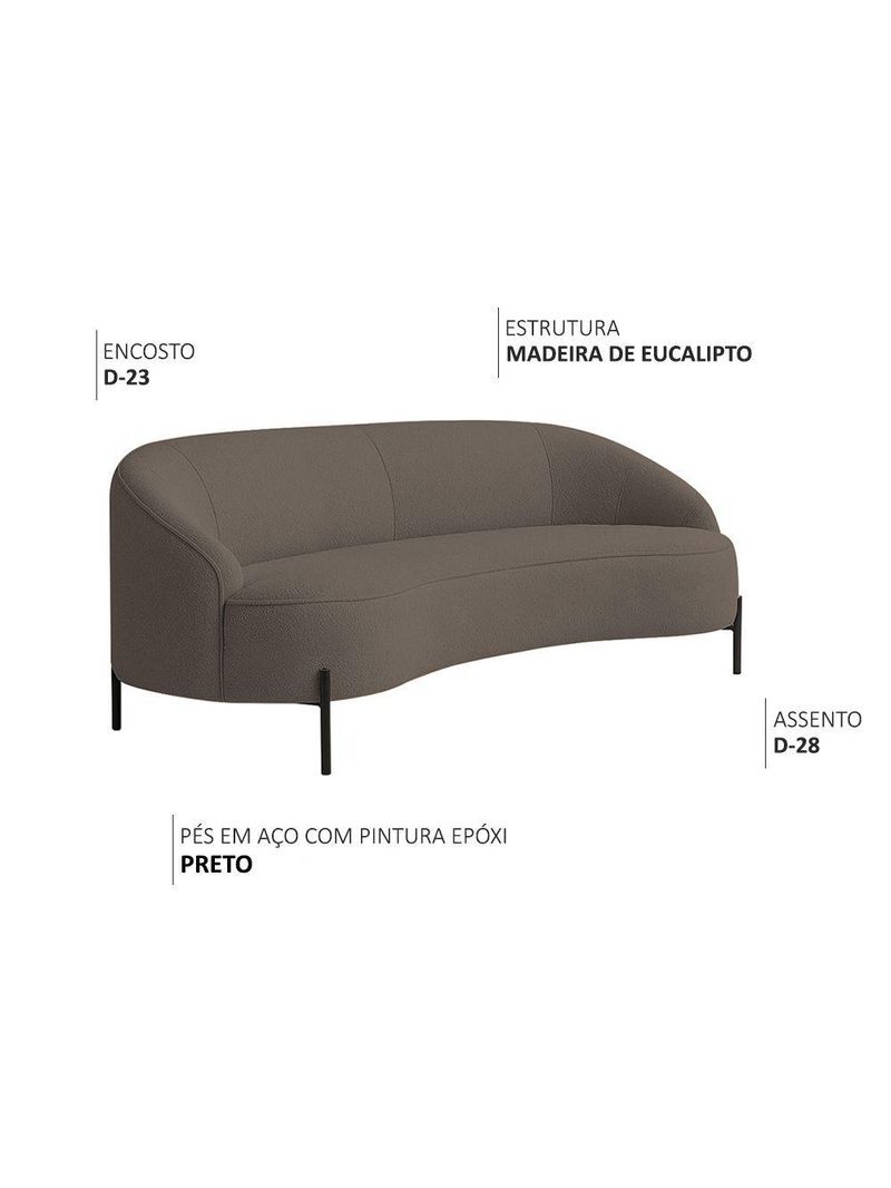 Sofá Curvo Porto 03 Lugares 180cm Pés Preto Bouclé Marrom - Nexta Casa