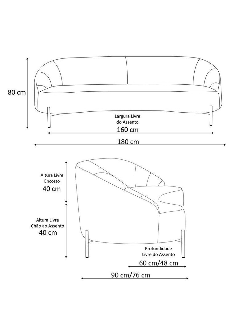 Sofá Curvo Porto 03 Lugares 180cm Pés Preto Bouclé Marrom - Nexta Casa