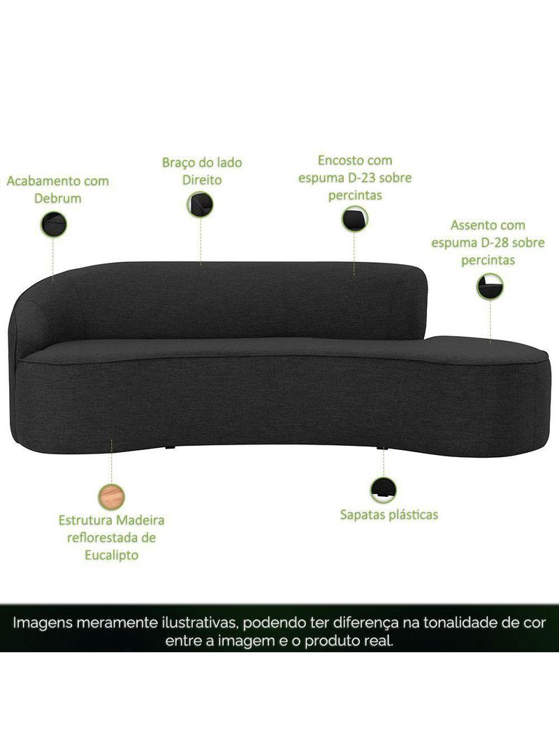 Sofá Curvo 03 Lugares 180cm Eron Braço Direito Linho Preto Acinzentado - Nexta Casa