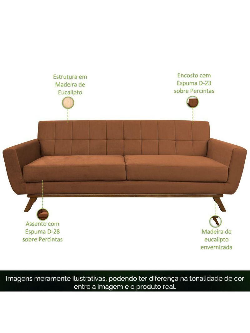 Sofá 03 Lugares 180cm Sala De Estar Miami Veludo Camel - Nexta Casa