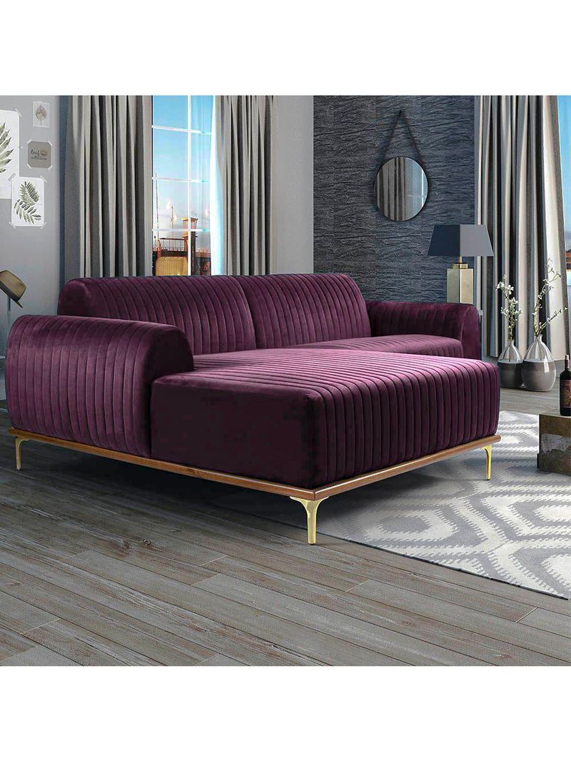Sofá Molino 3 Lugares 230cm Chaise Direito Pés Gold Veludo Roxo - Nexta Casa
