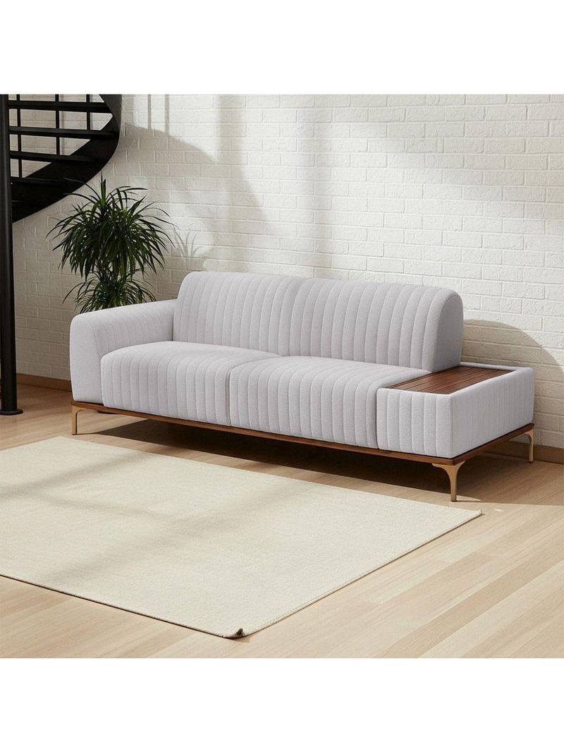 Sofá Molino 3 Lugares 180cm C/mesa Auxiliar Esquerdo Pés Ourof Bouclé Cinza Claro - Nexta Casa