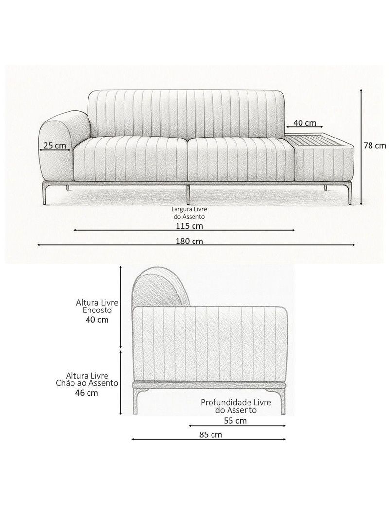 Sofá Molino 3 Lugares 180cm C/mesa Auxiliar Esquerdo Pés Ourof Bouclé Cinza Claro - Nexta Casa