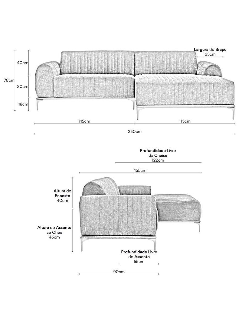 Sofá Molino 3 Lugares 230cm Chaise Esquerdo Pés Gold Veludo Titânio - Nexta Casa