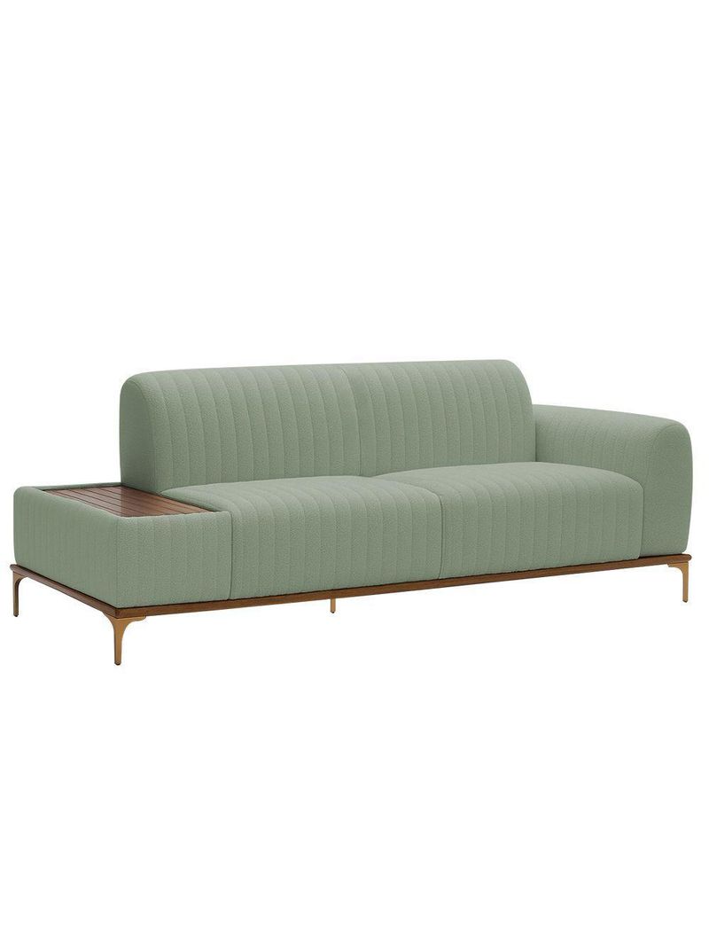 Sofá Molino 3 Lugares 210cm C/mesa Auxiliar Direito Pés Ourof Bouclé Verde Claro - Nexta Casa