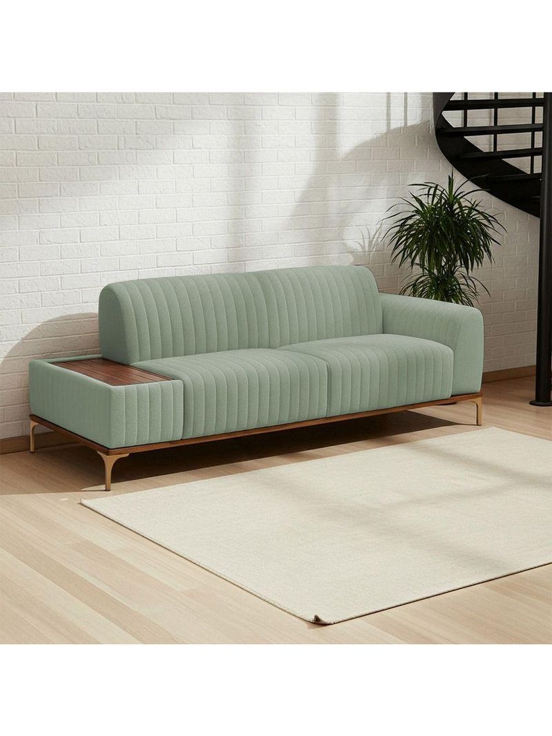Sofá Molino 3 Lugares 210cm C/mesa Auxiliar Direito Pés Ourof Bouclé Verde Claro - Nexta Casa