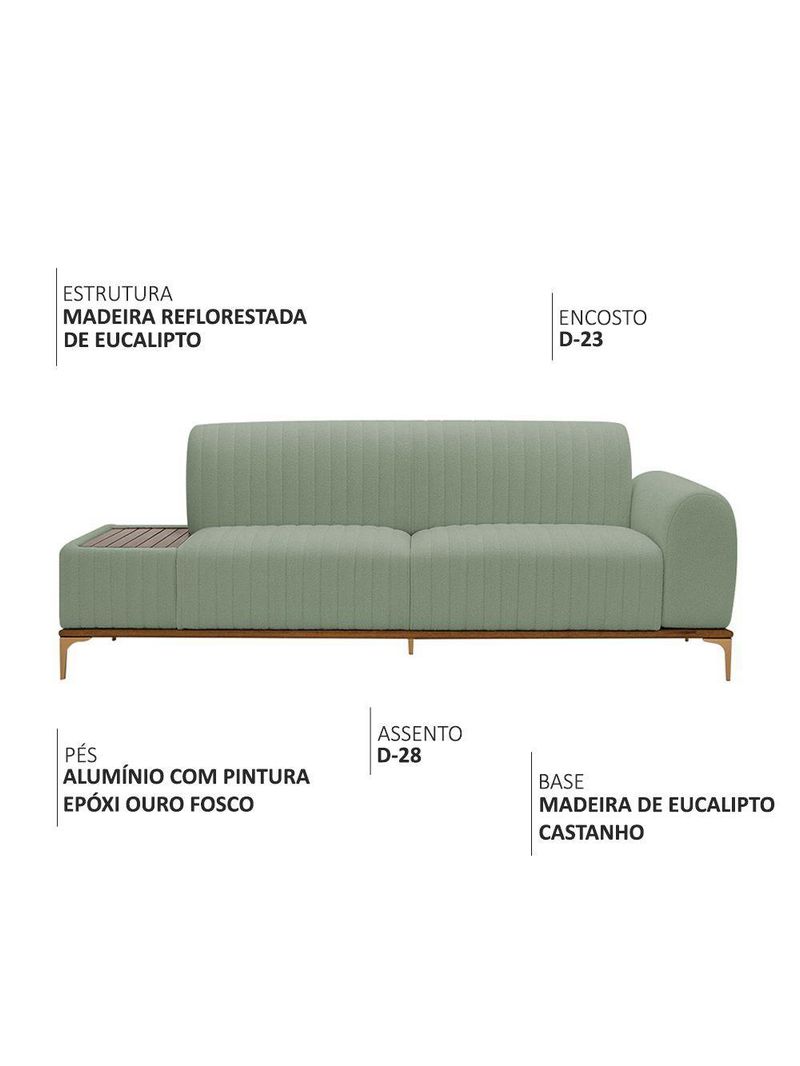 Sofá Molino 3 Lugares 210cm C/mesa Auxiliar Direito Pés Ourof Bouclé Verde Claro - Nexta Casa