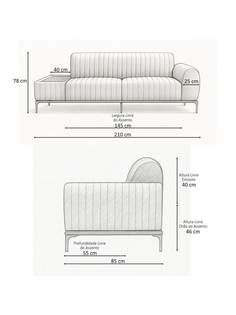 Sofá Molino 3 Lugares 210cm C/mesa Auxiliar Direito Pés Ourof Bouclé Verde Claro - Nexta Casa