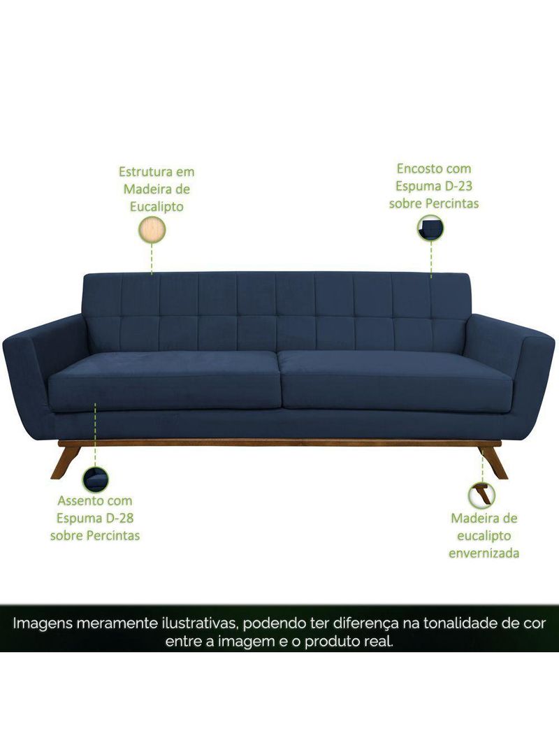 Sofá 03 Lugares 180cm Sala De Estar Miami Veludo Azul Escuro - Nexta Casa