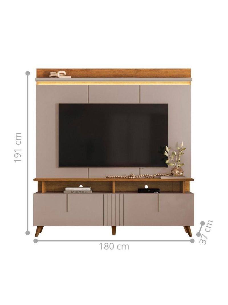 Painel Com Led E Rack Ripado Com Prateleira Canela