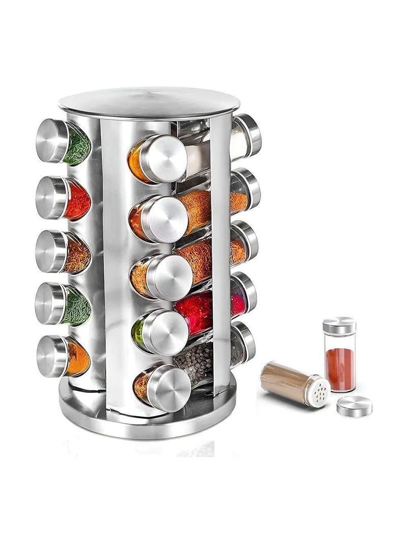 Porta Temperos Giratório Com 20 Potes Em Aço Inox E Vidro – Organização E Elegância Na Cozinha