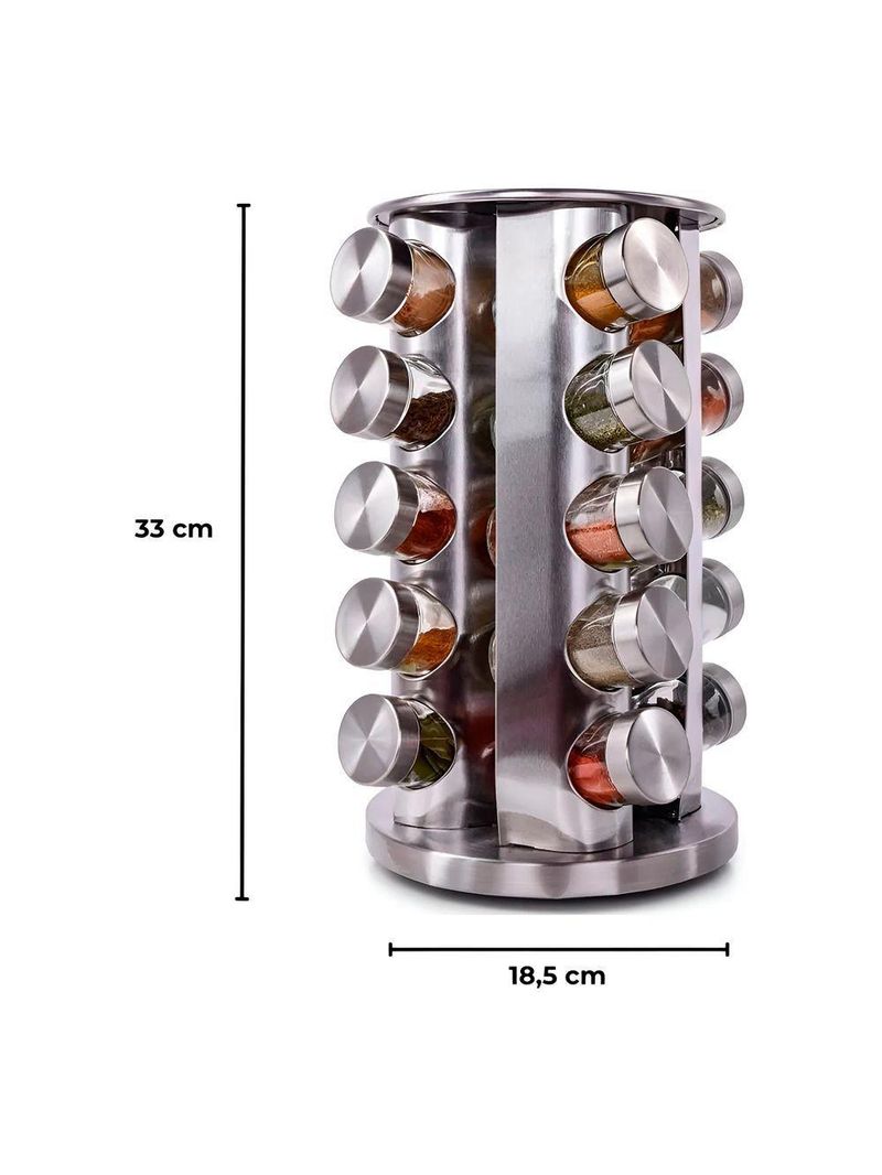 Porta Temperos Giratório Com 20 Potes Em Aço Inox E Vidro – Organização E Elegância Na Cozinha
