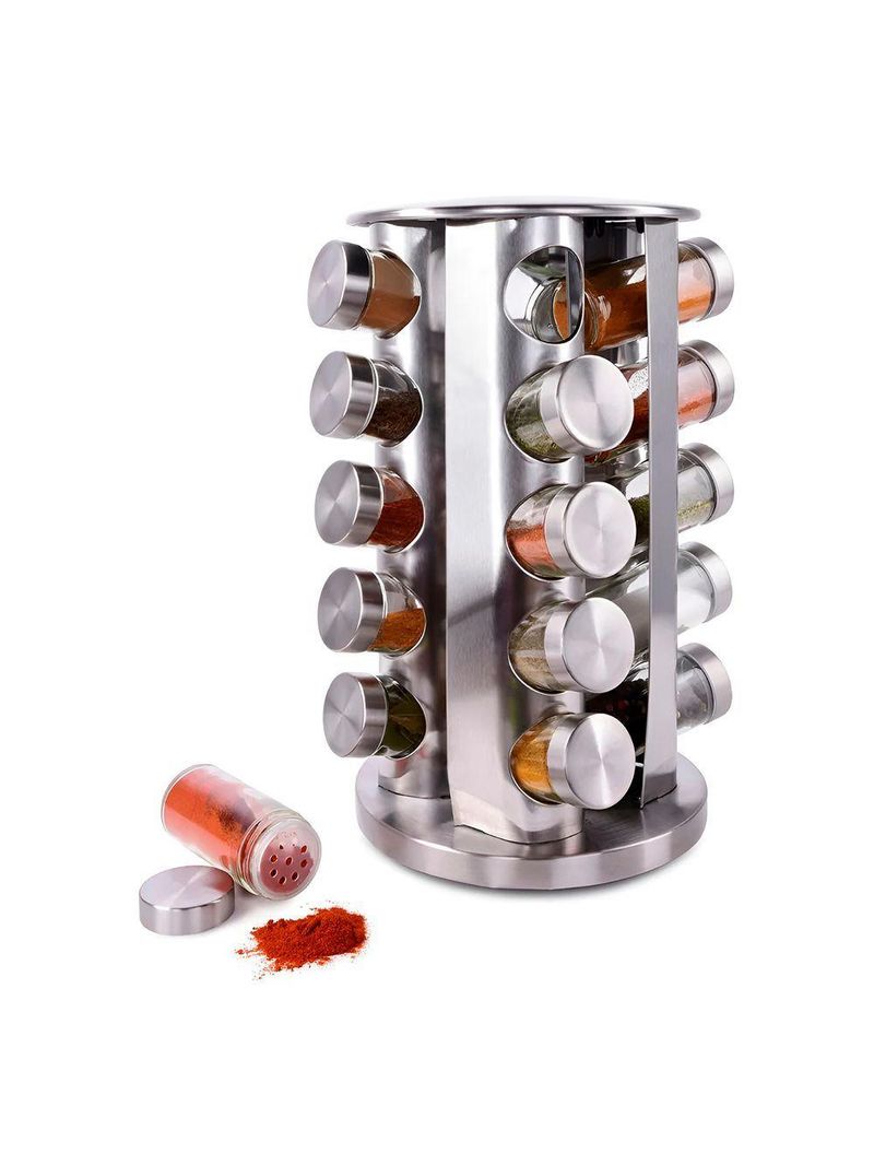 Porta Temperos Giratório Com 20 Potes Em Aço Inox E Vidro – Organização E Elegância Na Cozinha