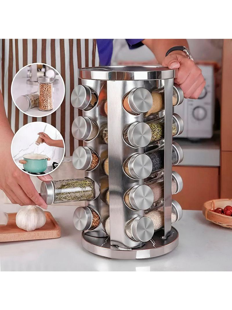 Porta Temperos Giratório Com 20 Potes Em Aço Inox E Vidro – Organização E Elegância Na Cozinha