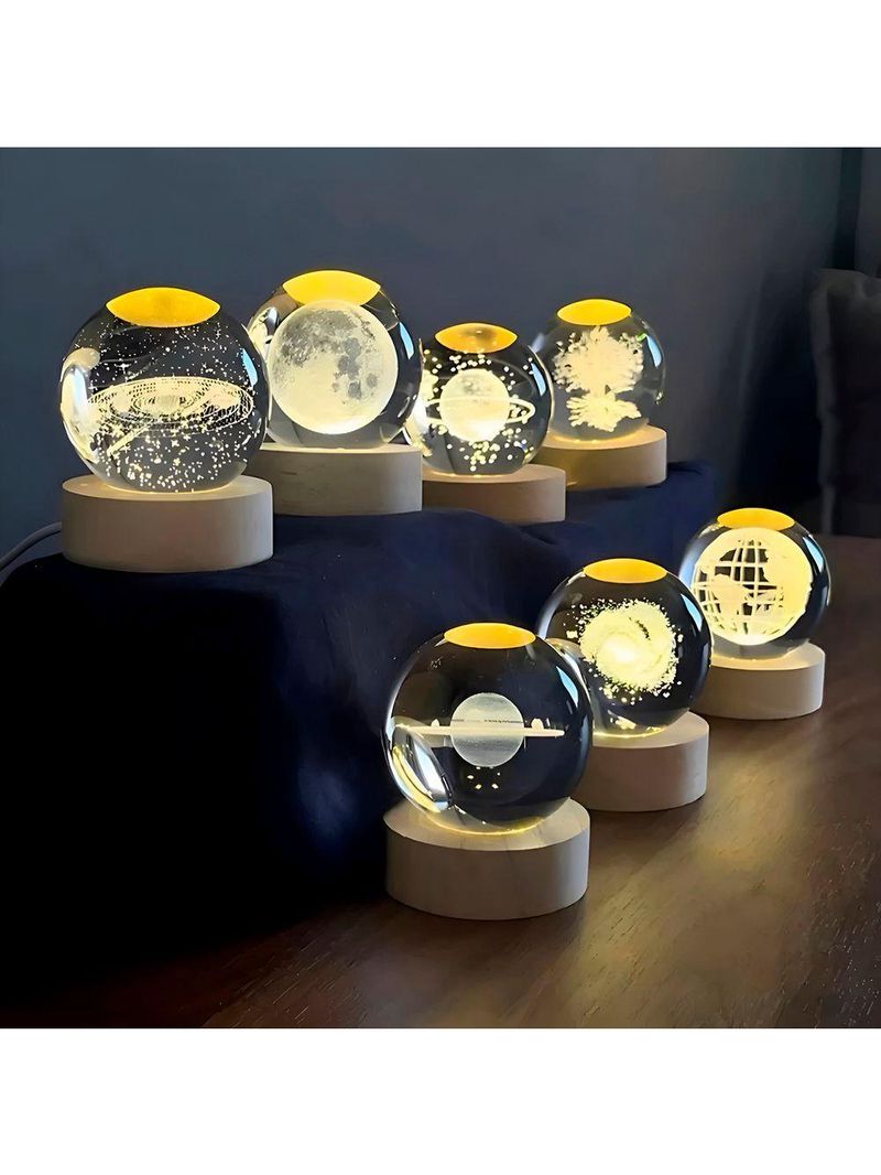 Luminária Galáxia 3d De Cristal Com Base De Madeira – Design Minimalista E Sofisticado