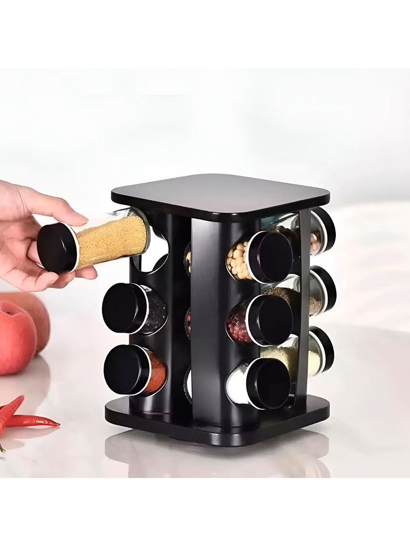 Porta Temperos Vertical Preto 12 Potes Em Aço Inox E Abs – Organizador De Cozinha Moderno E Compacto