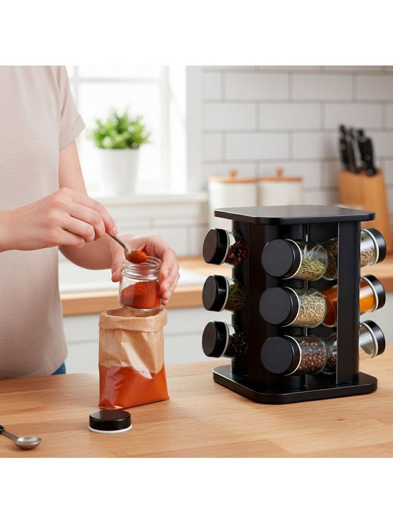 Porta Temperos Vertical Preto 12 Potes Em Aço Inox E Abs – Organizador De Cozinha Moderno E Compacto