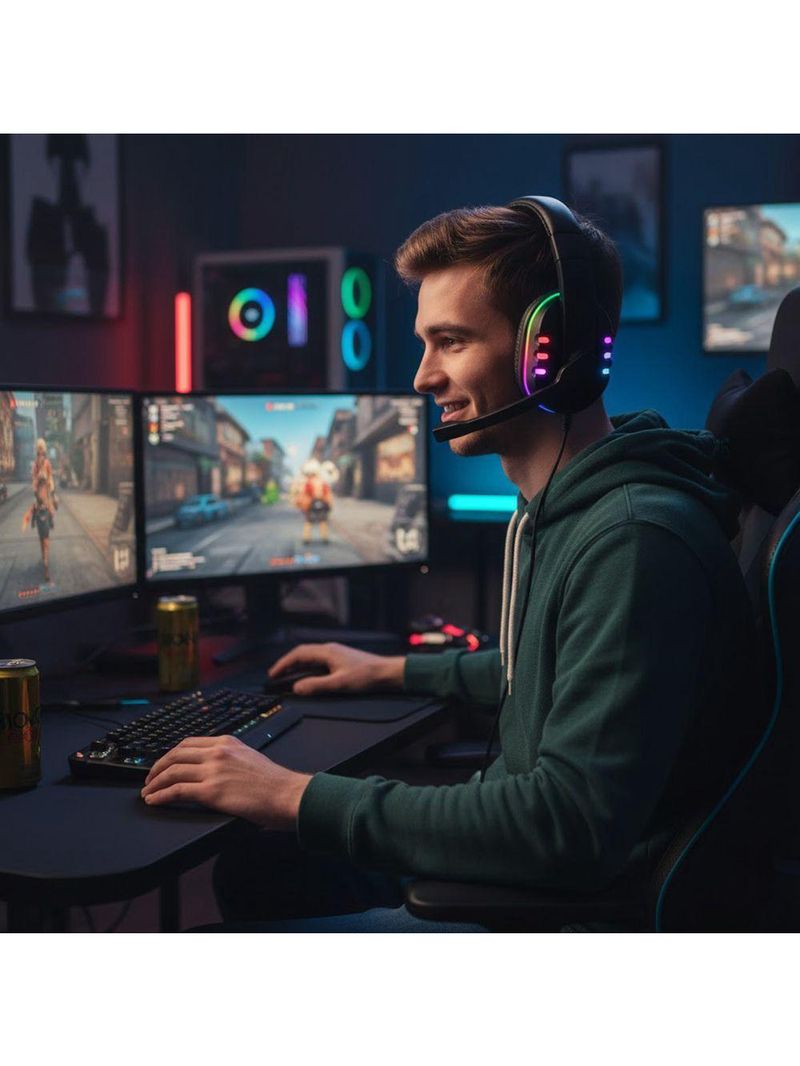 Fone Headset Gamer Com Fio Luz Rgb Microfone Jogos