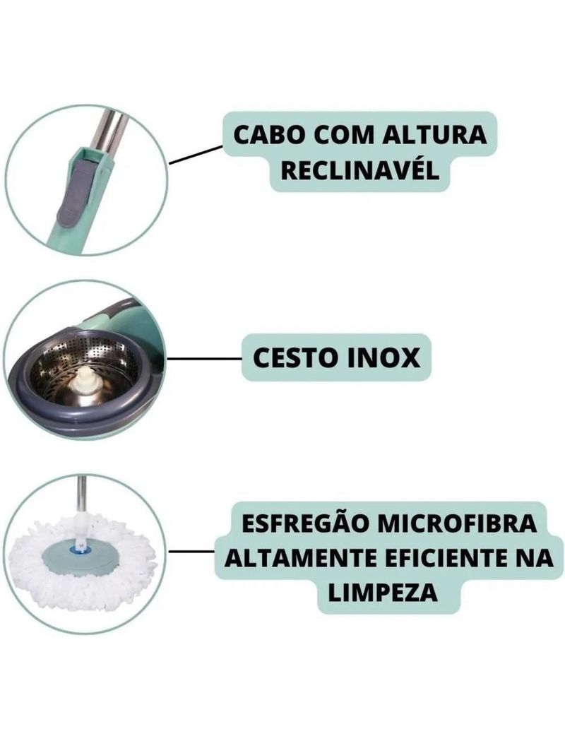 Mop Inox Balde Duplo Com Rodinha Esfregao 360 Giratorio Cesto Profissional Grande 12 Litros Rodo Vassoura 2 Em 1 Limpa S