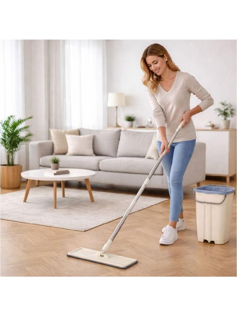 Esfregao Mop Flat Balde Duplo Rodo Multiuso Magico Vassoura Limpeza De Piso Cabo Extensivel Inox Lava Seca Refil