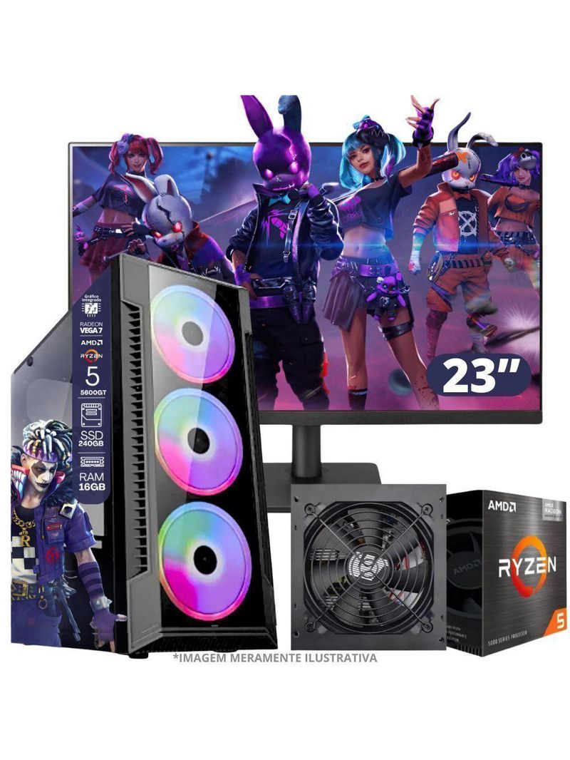 Pc Gamer Amd Ryzen 5 5600gt, 16gb Ram, Placa De Video Radeon Vega 7, Ssd 240gb, Fonte 550w + Monitor 23” Led 75hz