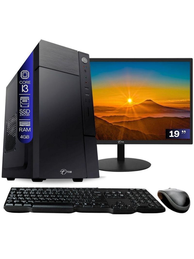 Computador Completo Tob Intel Core I3 Ssd 240gb Memória 4gb 10 Pro Trial + Teclado E Mouse + Monitor 19” Desktop