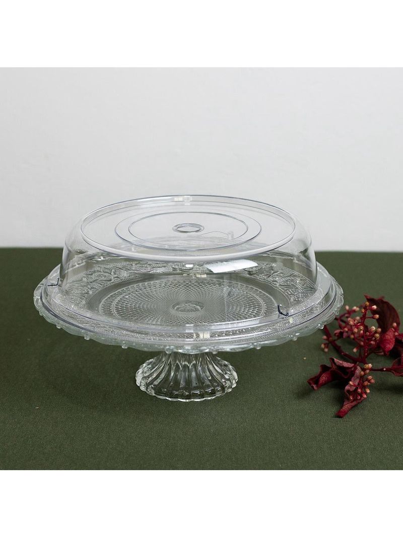 Prato para bolo lyor angel vidro com pé tampa plástica 30cm elegante e funcional