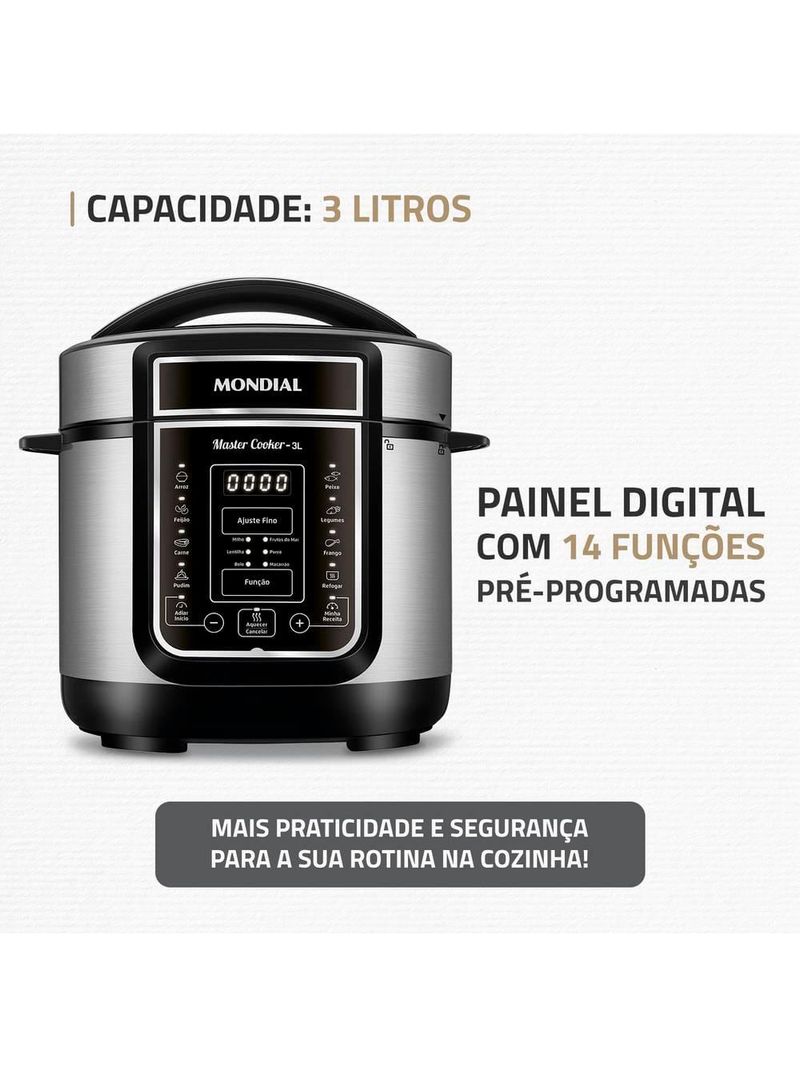 Panela elétrica de pressão mondial digital master cooker pe-40 3l - preta/inox