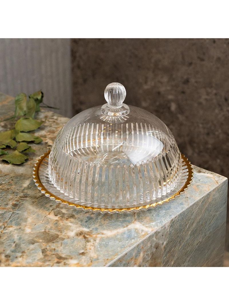 Queijeira com tampa wolff império 20x20x13,5cm cristal fio de ouro com tampa alta