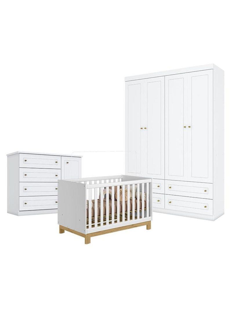 Quarto Bebê Americano 4 Portas Berço Americano Mini Cama Q Encanto Slim Branco Acetinado Qmovi  Henn