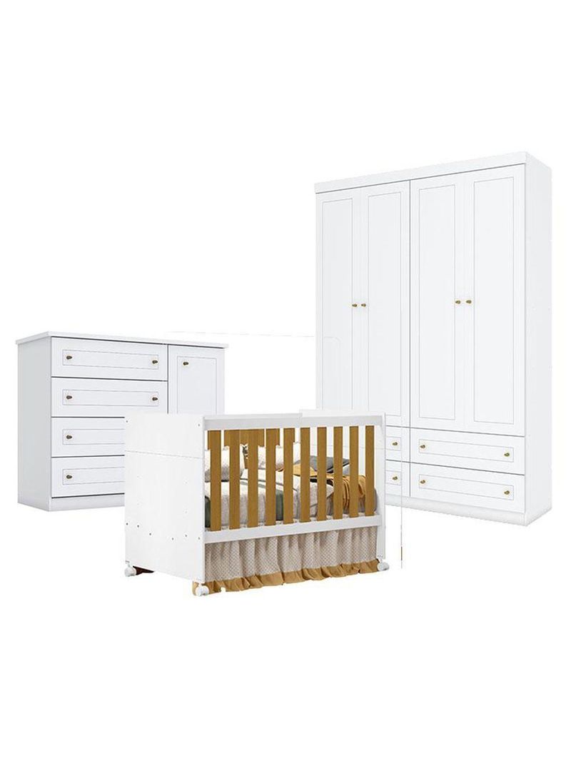 Quarto De Bebê Americano 4 Portas Com Berço Americano Katatau Branco Acetinado Savana Reller Henn