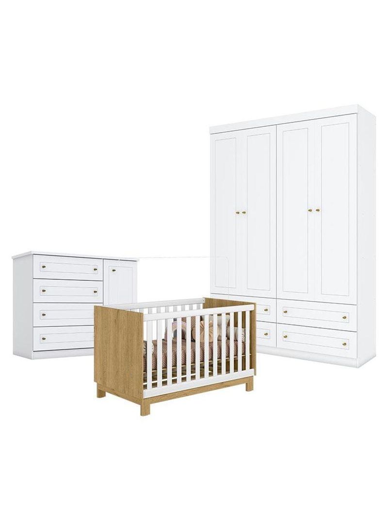 Quarto Bebê Americano 4 Portas Berço Americano Mini Cama Q Encanto Slim Freijó Branco   Qmovi Henn