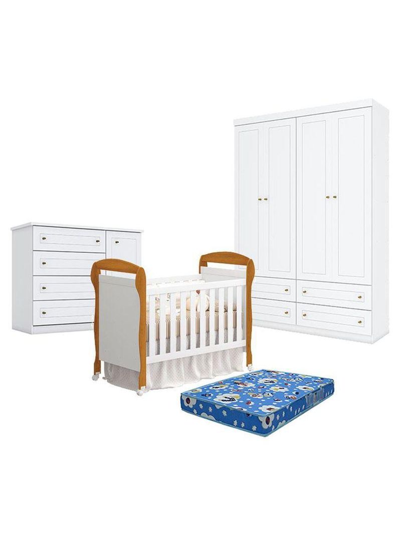 Quarto Bebê Americano 4 Portas Com Berço Danny Branco Acetinado Savana Reller Colchão Ortobom Henn