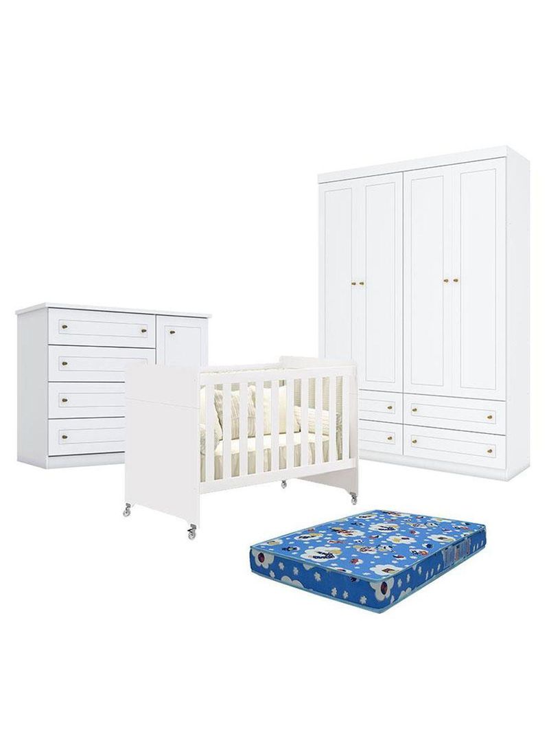 Quarto Bebê Americano 4 Portas Berço Americano Evolution 4 Em 1 Branco   Reller Colchão Ortobom Henn