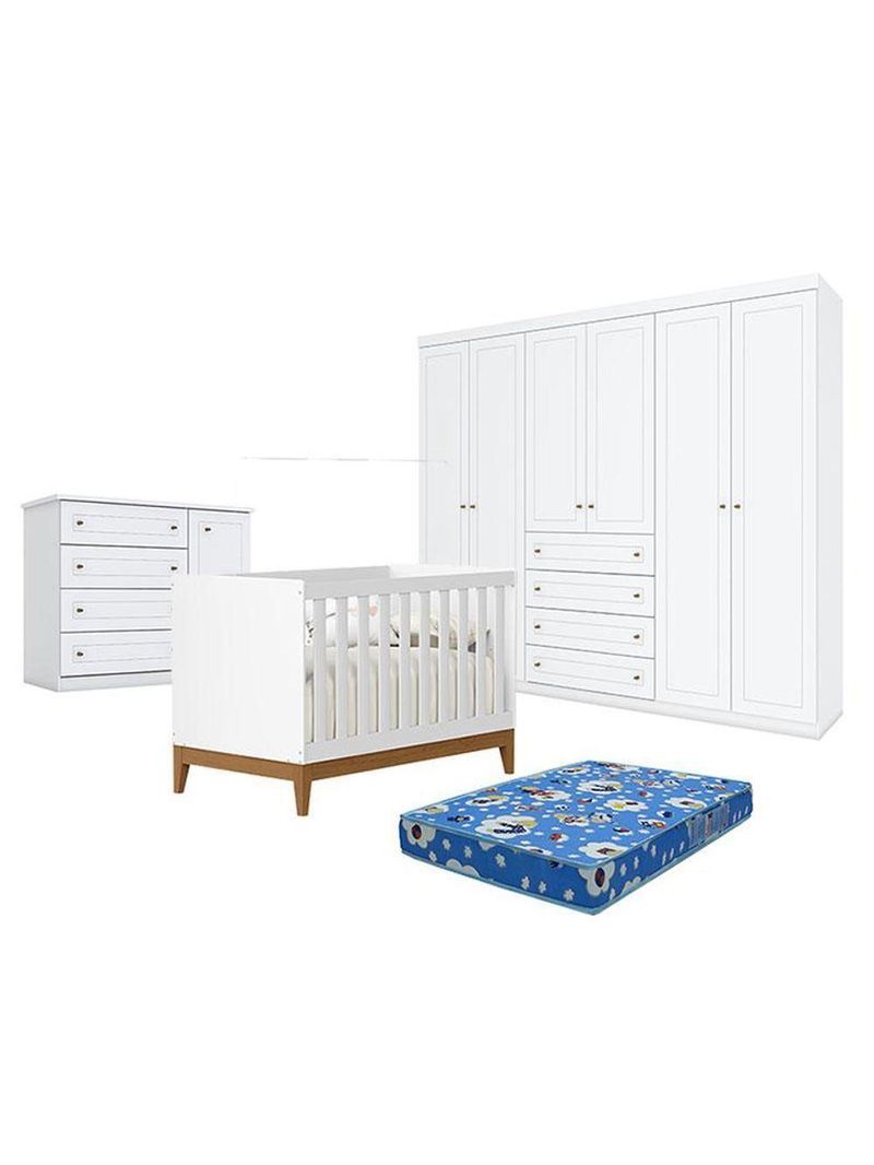 Quarto Bebê Americano 6 Portas Com Berço Americano Flip Branco Acetinado Reller Colchão Ortobom Henn