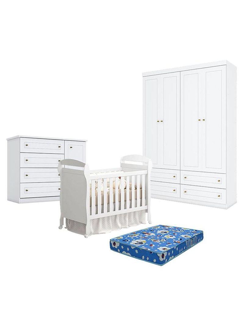 Quarto De Bebê Americano 4 Portas Com Berço Danny Branco Acetinado Reller E Colchão Ortobom - Henn