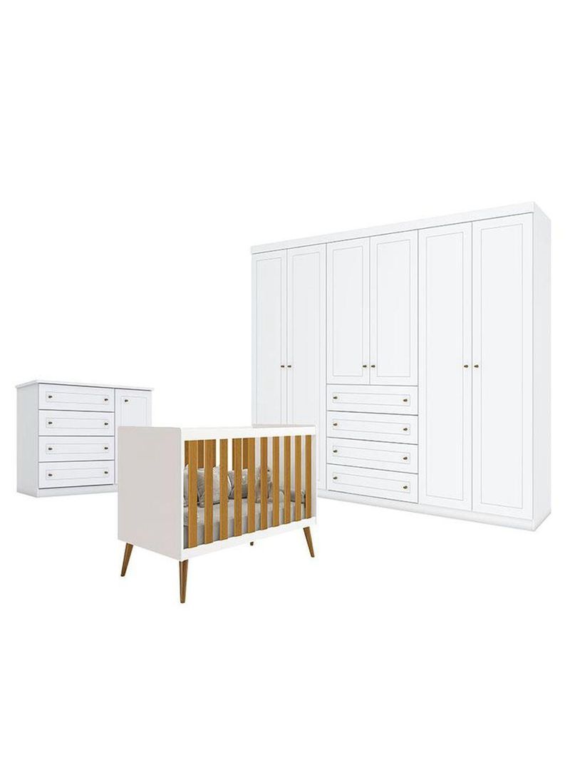 Quarto De Bebê Americano 6 Portas Com Berço Americano Isis Branco Acetinado Savana - Reller - Henn