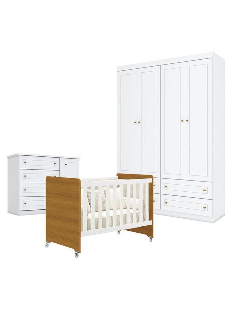 Quarto Bebê Americano 4 Portas Berço Americano Evolution 4 Em 1 Branco Acetinado Savana Reller Henn