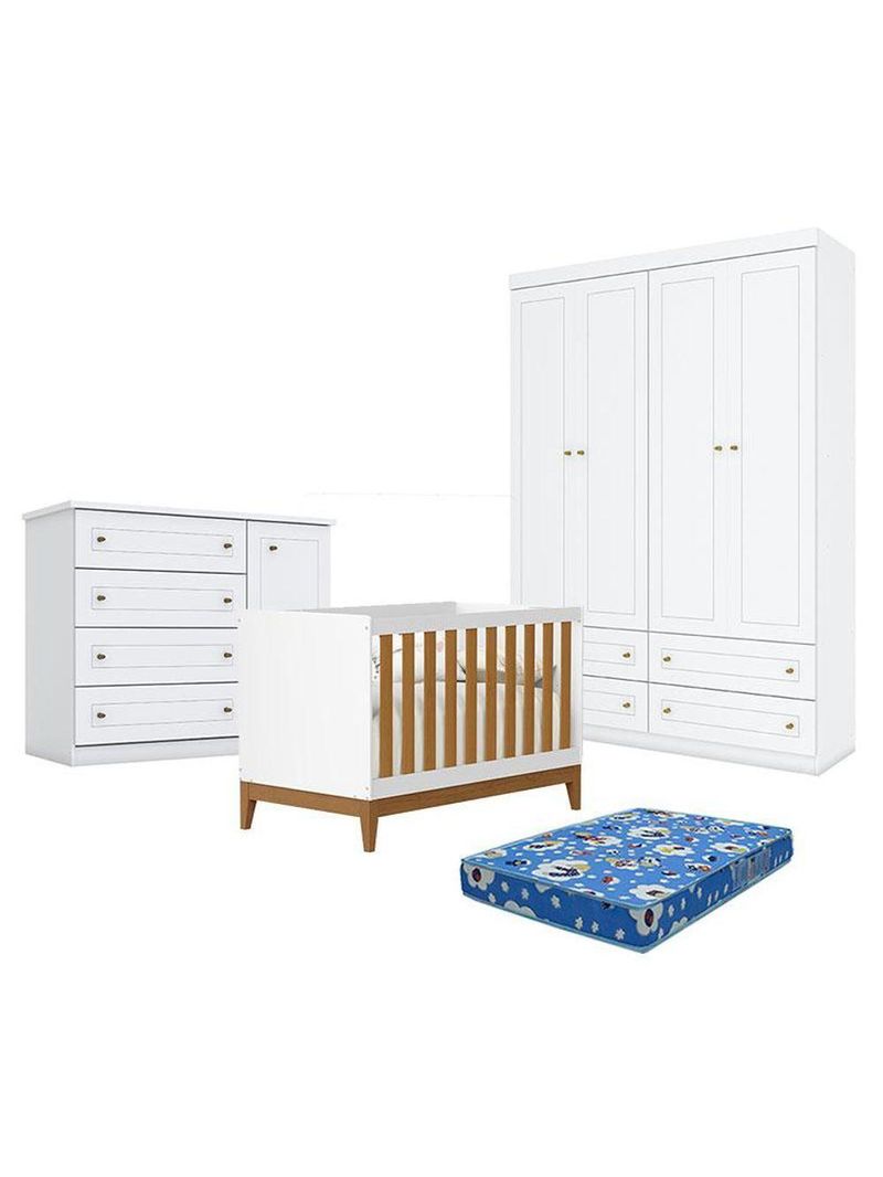 Quarto Bebê Americano 4 Portas Berço Americano Flip Branco   Savana Reller Colchão Ortobom Henn