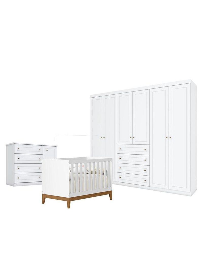 Quarto De Bebê Americano 6 Portas Com Berço Americano Flip Branco Acetinado Reller - Henn