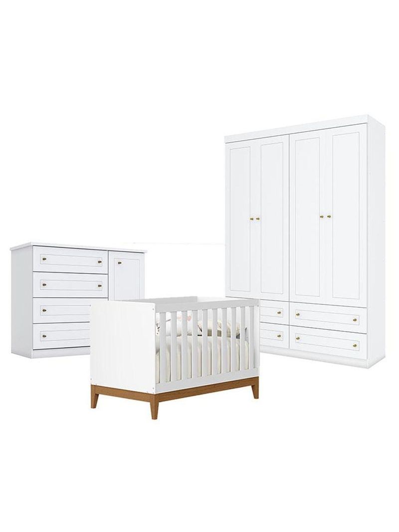 Quarto De Bebê Americano 4 Portas Com Berço Americano Flip Branco Acetinado Reller - Henn
