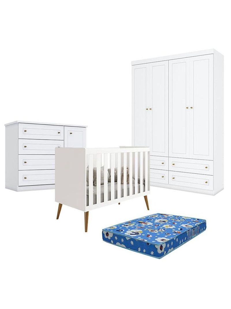 Quarto Bebê Americano 4 Portas Com Berço Americano Isis Branco Acetinado Reller Colchão Ortobom Henn